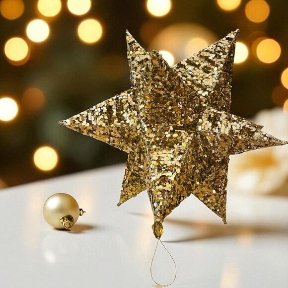 Pier 1 Christmas Star Ornament 12 Point Sparkly Gold 12” - Picture 1 of 5